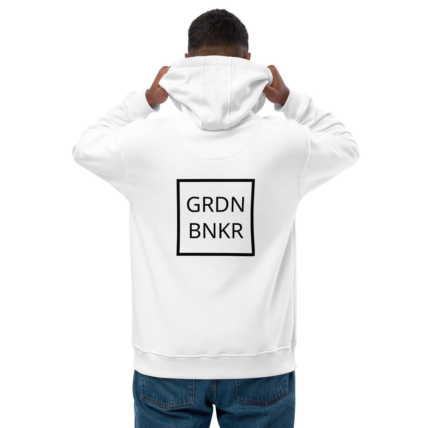 Premium Eco Hoodie with Back Logo GRDN BNKR (Black on White)
