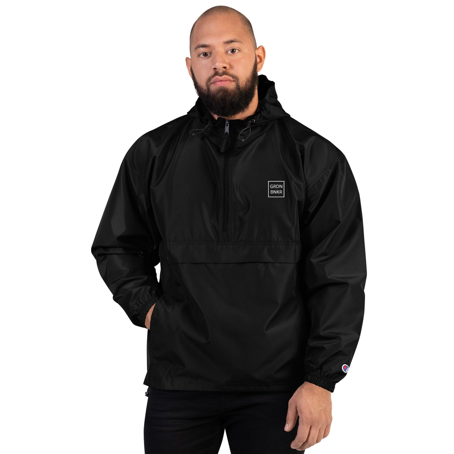 Embroidered Champion Packable Jacket with Badge Logo GRDN BNKR (White)
