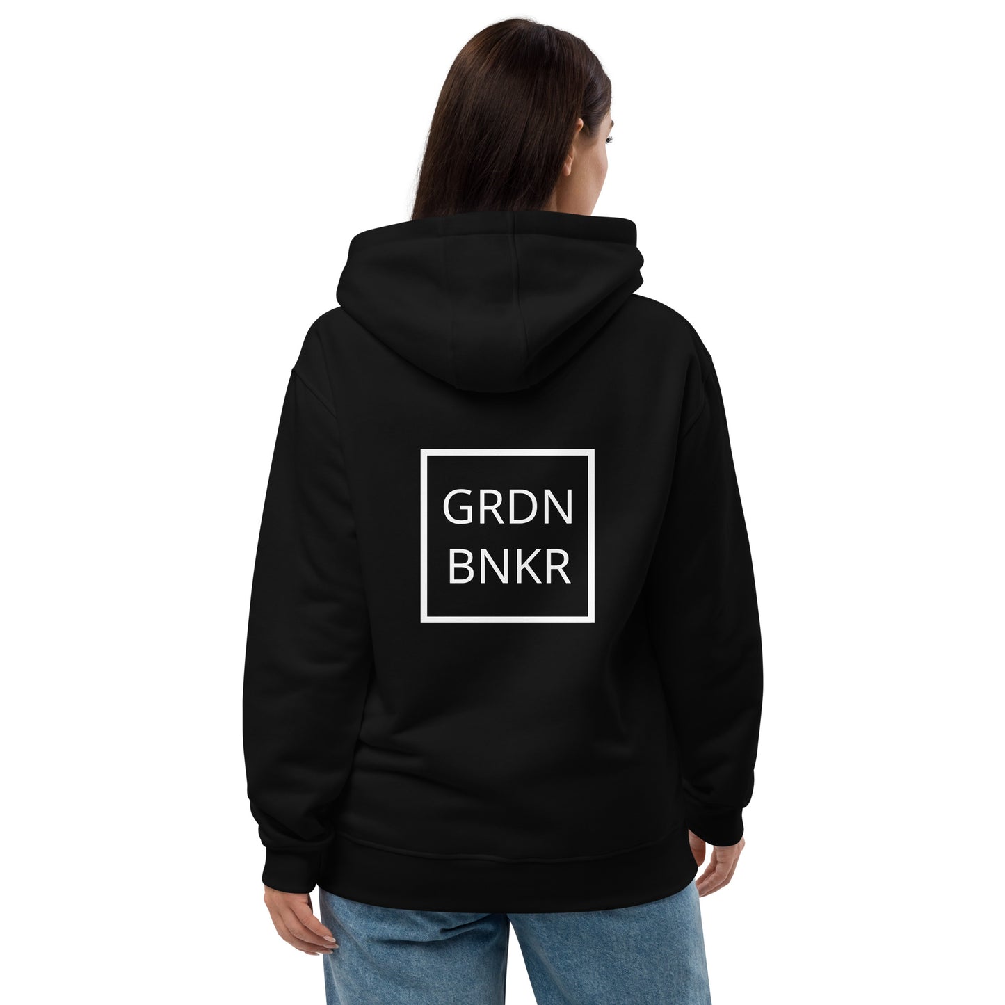 Premium Eco Hoodie with Back Logo GRDN BNKR (White on Black)